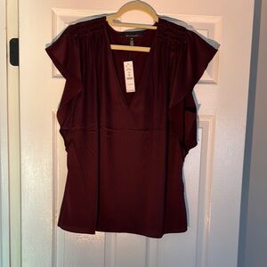 WHBM Burgundy Blouse with V-Neck and Textured Flutter Sleeves